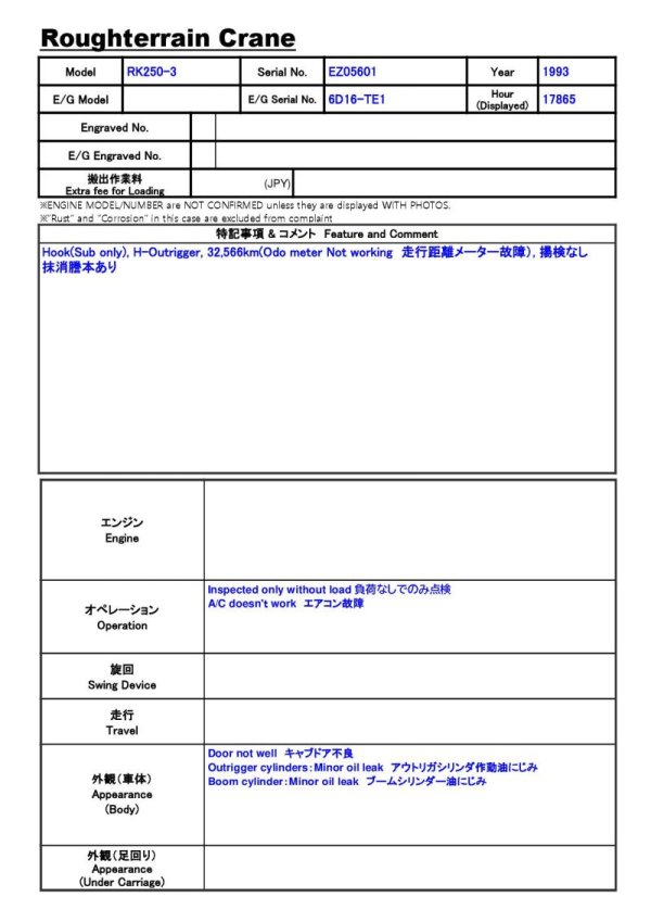 KOBELCO RK250-3 ★ Crane ★ Hook(Sub only), H-Outrigger, 32,566km(Odo meter Not working 走行距離メーター故障）, 揚検なし - изображение 2