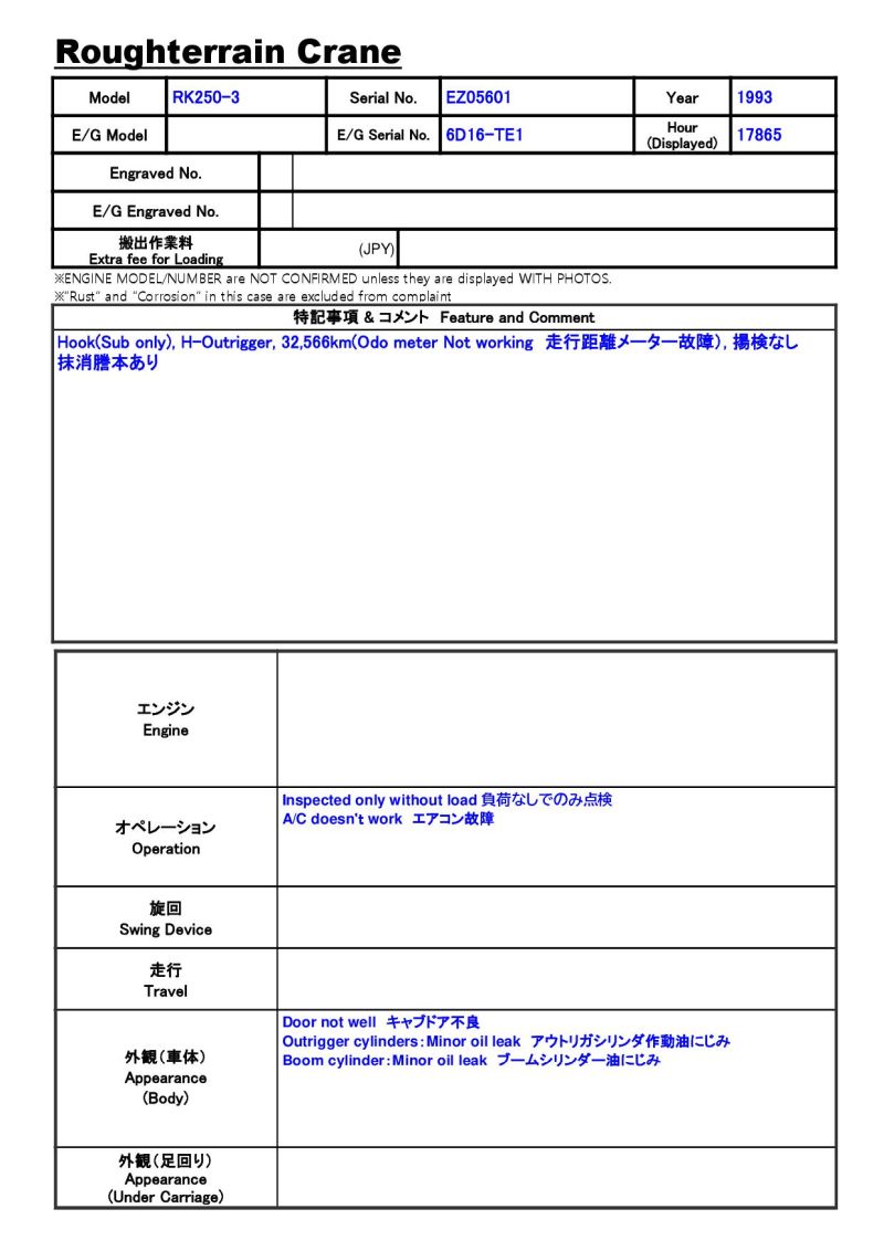 KOBELCO RK250-3 ★ Crane ★ Hook(Sub only), H-Outrigger, 32,566km(Odo meter Not working 走行距離メーター故障）, 揚検なし